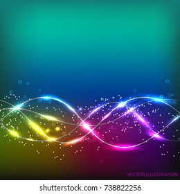Abstract waves background with lines and stars. Illustration in different colors with flashes. Vector illustration.
