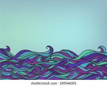 Abstract Waves Background, Vector Blue Colorful Hand-drawn Pattern