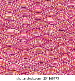 Abstract waves background, vintage hand drawn pattern, wavy background, old paper grunge texture. Pink