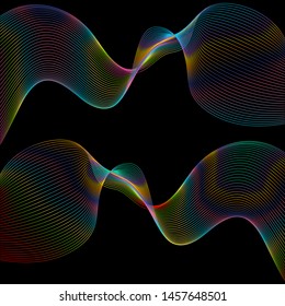Abstract waves, black background with colorful gradient dynamic linear waves, track equalizer, vector illustration