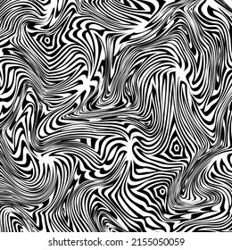 Olas abstractas con líneas negras sobre un fondo blanco. Fondo con ilusión óptica, cebra caótica. Ilustración del vector