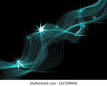 Abstract waves of blue luminous particles on a dark background