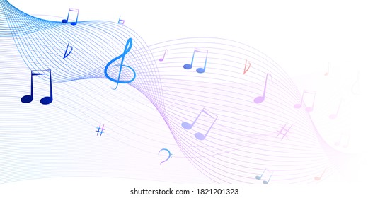 Abstract waves with colorful notes. Music colorful musical note theme - rainbow swirl wave line. Music theme - rainbow notes on a light background. Vector illustration
