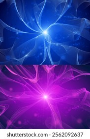 Abstract waves consisting of a grid of thin lines. Explosion of cosmic particles. Futuristic chaos. Flow of dynamic energy. Bright pink, blue waves extend into space Flash of light Vector illustration