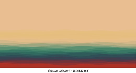 Abstract waves cover. Horizontal background with curves in contrasting red, green, and brown colors. Radiant vector illustration.
