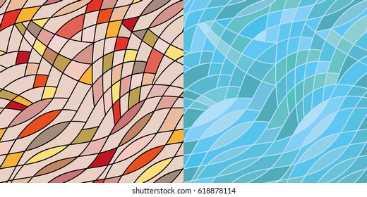 Abstract waves of different colors. Two seamless patterns. Color end blue.