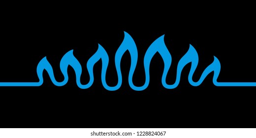 Abstract waves of flame. Stylized blue fire burning natural gas isolated on black background. Modern creative symbol of the gas industry. Vector illustration for your design.