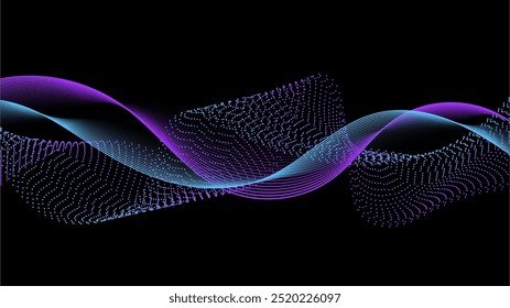 Ondas abstratas de partículas de pontos fluindo e padrão de linhas onduladas isoladas no fundo preto. Vetor onda líquida no conceito de tecnologia de IA, mixador de som, equalizador, ciência moderna.