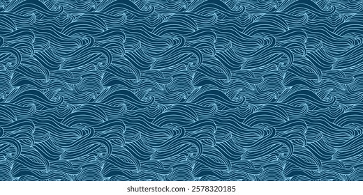 Abstract waves geometric seamless vector pattern, ocean, sea flowing lines in blue for summer swimming designs