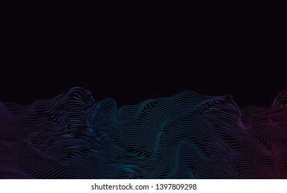 Abstract waves in gradient of color on black background for graphic resource. Concept technology, science, music, business