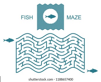 Abstract waves maze / labyrinth for fish. Vector labyrinth with entry and exit. Puzzle game.