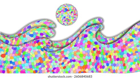 Abstract waves of mosaic tiles create the illusion of smooth curves. Bright colors and gradient shadows add depth, combining geometry with organic forms. The style is digital mosaic.