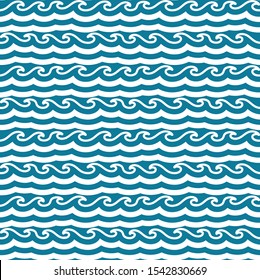 Abstract waves pattern. Vector seamless ocean deep blue wavy background.