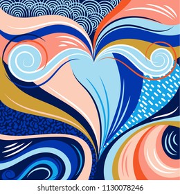 Abstract waves with patterns in the marine style for the design of posters, flyers. Vector drawing.
