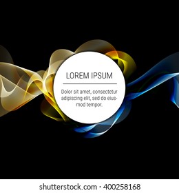 Abstract waves with round text element on black background. Background, poster or  brochure template.