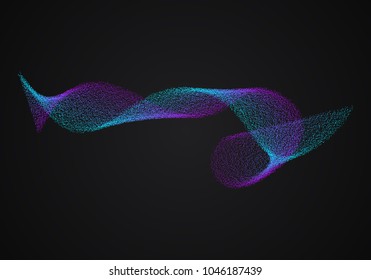 Abstract waves of the rows of dots, shimmering in color from violet to blue. Elegant design element. Vector illustration