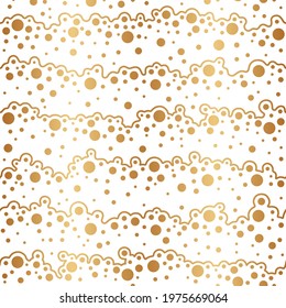 Abstract waves seamless pattern. Gold waves texture. Soap bubbles. Golden background. Repeated patern wavy line with bubbles. Repeating elegant gold backdrop for design prints. Vector illustration