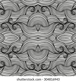 Abstract waves seamless pattern, wavy background. Black and white vector illustration.