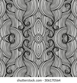 Abstract waves seamless pattern, wavy background. Black and white vector illustration.