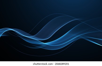 Abstract Waves. Shiny blue moving lines design element on dark background for greeting card and disqount voucher.