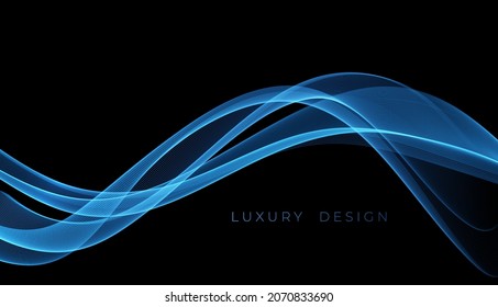 Abstract Waves. Shiny blue moving lines design element on dark background for greeting card and disqount voucher.