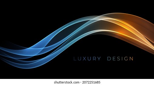 Abstract Waves. Shiny blue moving lines design element on dark background for greeting card and discount voucher.