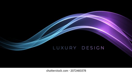 Abstract Waves. Shiny blue moving lines design element on dark background for greeting card and disqount voucher.