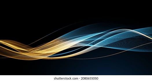 Abstract Waves. Shiny blue moving lines design element on dark background for greeting card and disqount voucher.