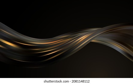 Abstract Waves. Shiny gold moving lines design element on dark background for greeting card and disqount voucher.