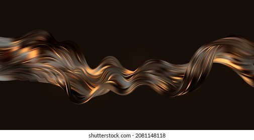 Abstract Waves. Shiny gold moving lines design element on dark background for greeting card and disqount voucher.