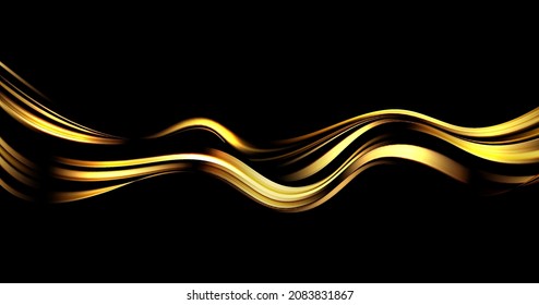 Olas abstractas. Luminoso elemento de diseño de líneas móviles doradas sobre fondo oscuro para tarjeta de saludo y cupón de descuento.