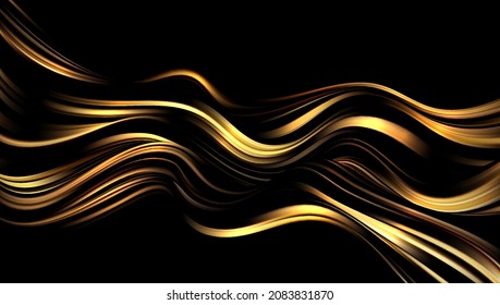 Olas abstractas. Luminoso elemento de diseño de líneas móviles doradas sobre fondo oscuro para tarjeta de saludo y cupón de descuento.