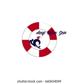 Abstract waves and ship with life buoy vector image. Marine logo.