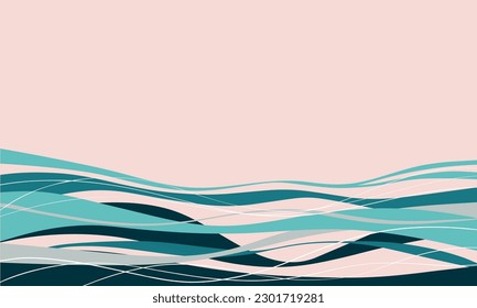 Abstract waves in teal, turquoise, blue and sand, grey waves on rose colored background, Vector illustration