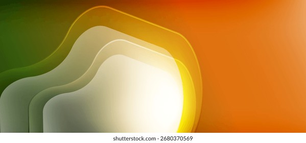 Ondas abstratas, cores vibrantes se misturam. O verde muda para laranja, criando gradientes suaves. Centro brilhante chama a atenção. Design minimalista.