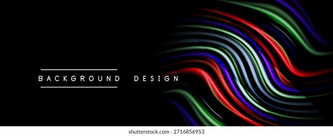 Ondas abstratas, cores vibrantes sobre fundo preto. Elemento de design moderno, linhas fluindo criam impacto visual dinâmico.