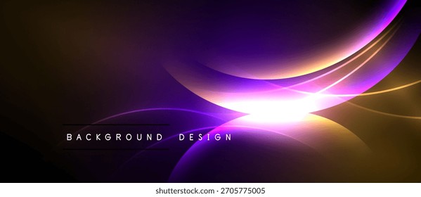 Abstract waves, vibrant purple hues, golden light. Modern design element, dark background creates dramatic effect. Smooth gradients present energy.