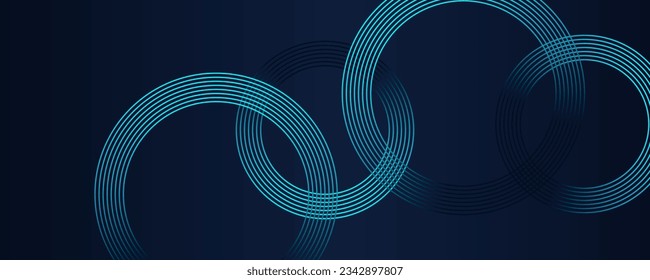 Abstract waving circles lines pattern round frame colorful blue green light on dark blue background. Modern art design in concept of AI technology, futuristic banner, business cover, digital header

