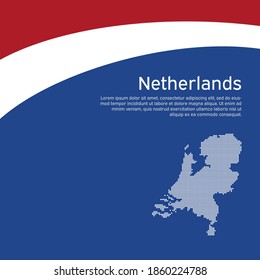 Resumen ondeando la bandera y mapa de mosaicos de los países bajos. Fondo creativo para el diseño patriótico de tarjetas de vacaciones. Afiche nacional. Portada, pancarta con los colores de los Países Bajos. Diseño de vectores tricolor