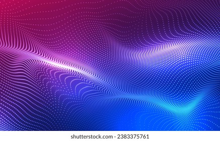 Abstract Waving Particle Technology Background. 3d wave point fractal science futuristic audio visualization. Hi-tech and big data. Digital technology and science for brochures, card, banner. Vector.