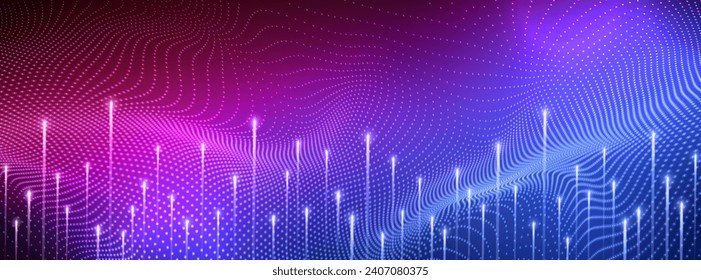 Resumen ondulado de fondo de tecnología de partículas con líneas y efecto de iluminación. Ciberespacio tecnológico, alta tecnología, visualización de grandes datos. Antecedentes de folletos, volantes, tarjeta de visita, banner. EPS10 vectores