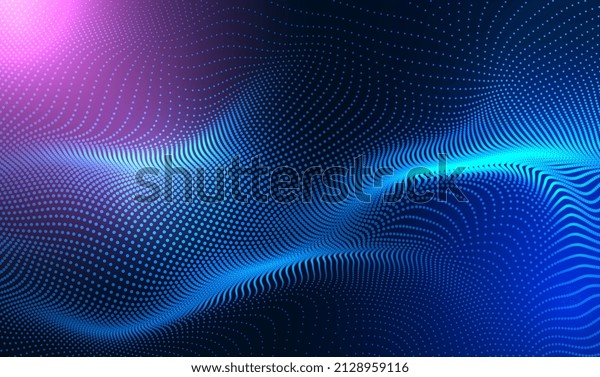 Abstract Waving Particle Technology Background\
Design. Abstract wave moving dots flow particles, hi-tech and big\
data background design for brochures, flyers, magazine, business\
card, banner. Vector