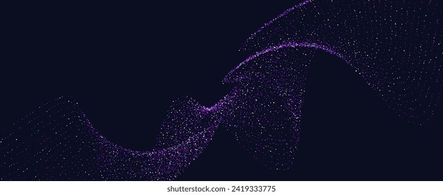 Abstract waving tech background design. Abstract wave moving dots flow particles, hi-tech and big data design. Shiny moving lines background design. Modern purple wave lines. Vector illustration