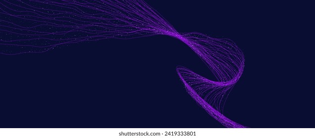 Abstract waving tech background design. Abstract wave moving dots flow particles, hi-tech and big data design. Shiny moving lines background design. Modern purple wave lines. Vector illustration