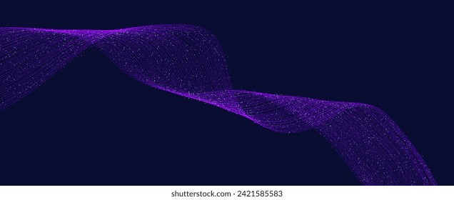 Abstract waving tech background design. Abstract wave moving dots flow particles, hi-tech and big data design. Shiny moving lines background design. Modern purple wave lines. Vector illustration