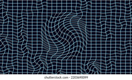 Abstract wavy 3d grid with glitch effect on dark background. Geometric dynamic wave. 3D technology wireframe. Vector illustration.