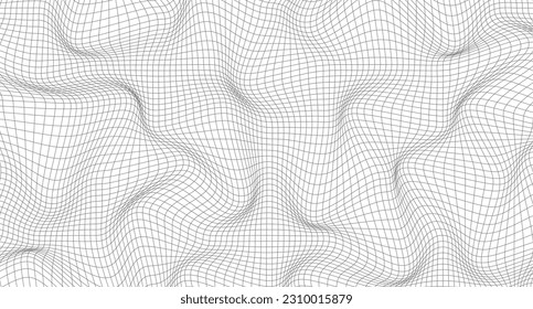 Abstract wavy 3d mesh. Geometric dynamic wave. Distorted square grid. Warped mesh texture. Wireframe wave geometry grid. Vector illustration