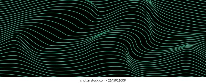 Abstract wavy 3d mesh on a dark background. Geometric dynamic wave. 3D technology wireframe. Vector illustration.
