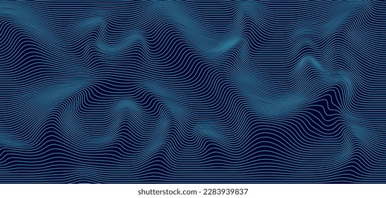 Abstract wavy 3d mesh on a blue background. Geometric dynamic wave. 3D technology wireframe. Vector illustration.