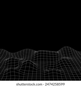Abstractas malla ondulada 3d sobre un fondo negro. Ilustración vectorial de estructura alámbrica de tecnología 3d de onda dinámica geométrica.
